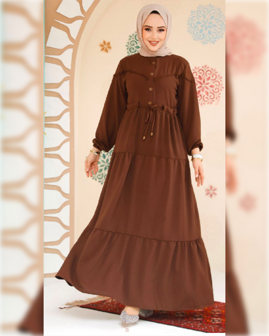 Sama Aerobin - High Waist Dress in Brown Shade فستان ساما الصيفي ذو الخصر العالي من نسيج الأيروبين باللون البني الجميل