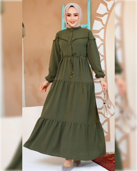 Sama Aerobin - High Waist Dress in Green Shade فستان ساما الصيفي ذو الخصر العالي من نسيج الأيروبين باللون الأخضر الجميل