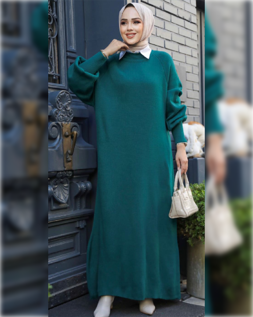 Aya Woolen Long Dress in Dark Teal Shade   فستان آية الطويل من قماش الصوف الناعم بأحد درجات الأخضر الجميل