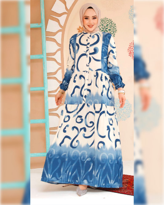 Sama Aerobin - White High Waist Dress with Blue Patterns فستان ساما الصيفي أبيض اللون ذو الخصر العالي من نسيج الأيروبين و بنقوش زرقاء جميلة