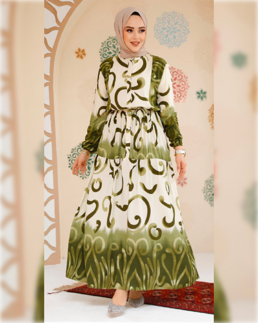 Sama Aerobin - White High Waist Dress with Green Patterns فستان ساما الصيفي أبيض اللون ذو الخصر العالي من نسيج الأيروبين و بنقوش خضراء جميلة