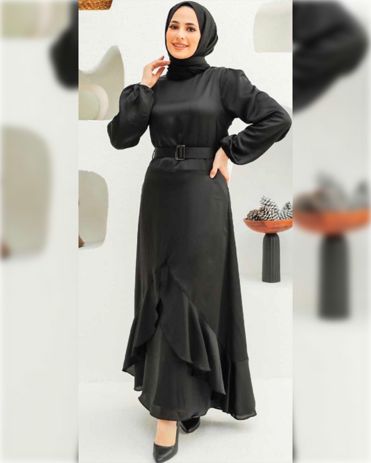 Nora Elegant - Asymmetrical Hem Satin Dress - in Black Shade  فستان نورا الأنيق للمناسبات باللون الأسود الجميل